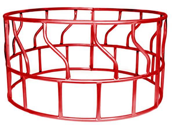 A round red bale feeder RBF-1 with vertical bar hay saver and S-shaped bars.
