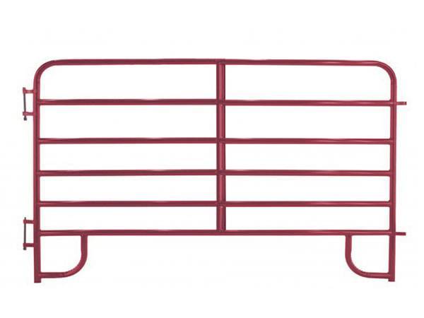 A red steel corral panel SCP-1 with six horizontal bars, loop legs and round top corners.