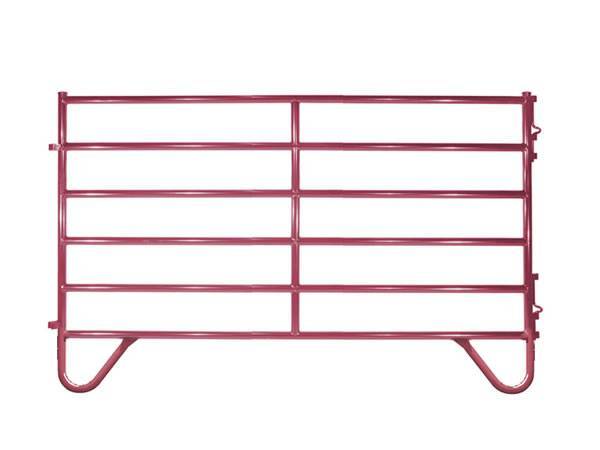 A red steel corral panel SCP-3 with six horizontal bars, right-angle tops and J-shaped legs.
