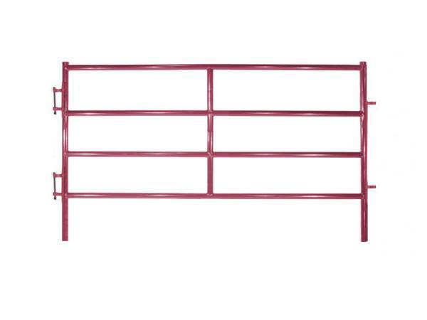 A red steel corral panel SCP-4 with four horizontal bars, right-angle top corner and straight legs.