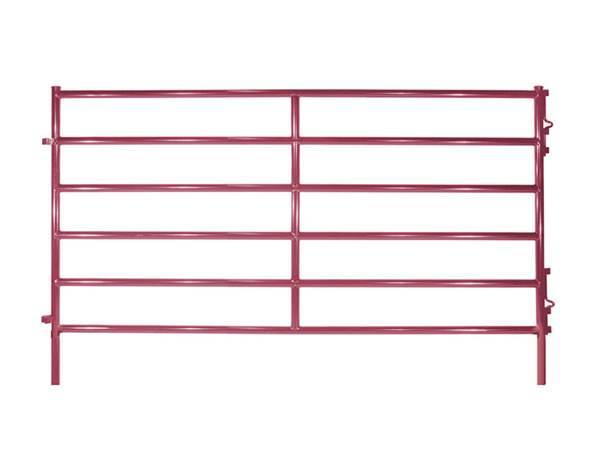 A red steel corral panel SCP-5 with six horizontal bars, right-angle top corners and straight legs.