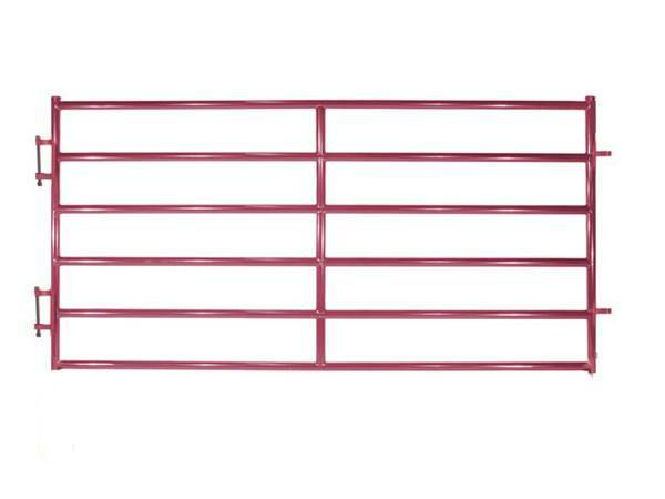 A red steel corral panel SCP-6 with six horizontal bars, right-angle corners and flush bottom.