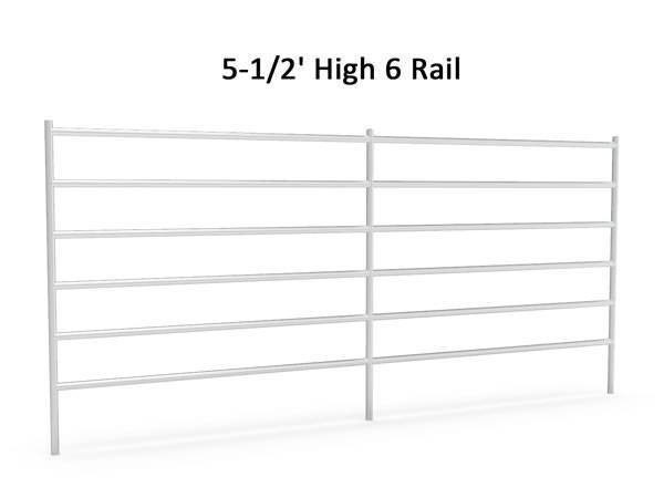 A drawing of 5.5' height, 12' length round tube horse panel with 6 rails on gray background.