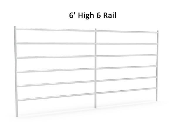 A drawing of 6' height, 12' length round tube horse panel with 6 rails on gray background.