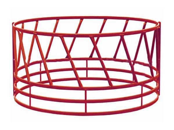 A round bale feeder RBF-3 with reinforced hay saver and slanted bars.