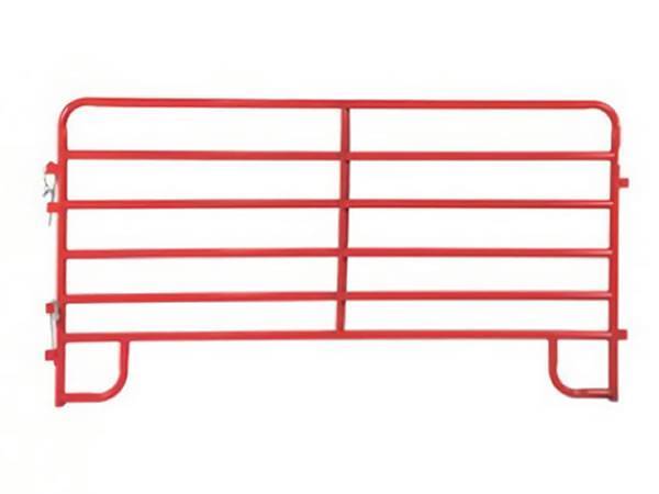 A piece of red rounded corner cattle corral panels on white background.