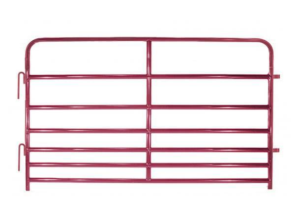 A red steel corral panel SCP-2 with seven  horizontal bars and gradually closer spacing form top to bottom.